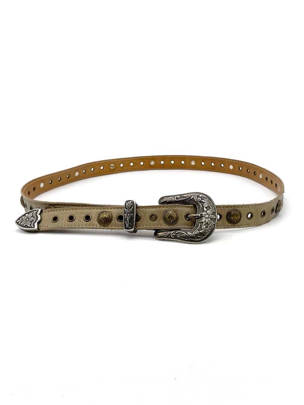 Vintage Western Leather Belt Taupe Tan Studded Floral Engraved Buckle Size XL - Picture 3 of 9